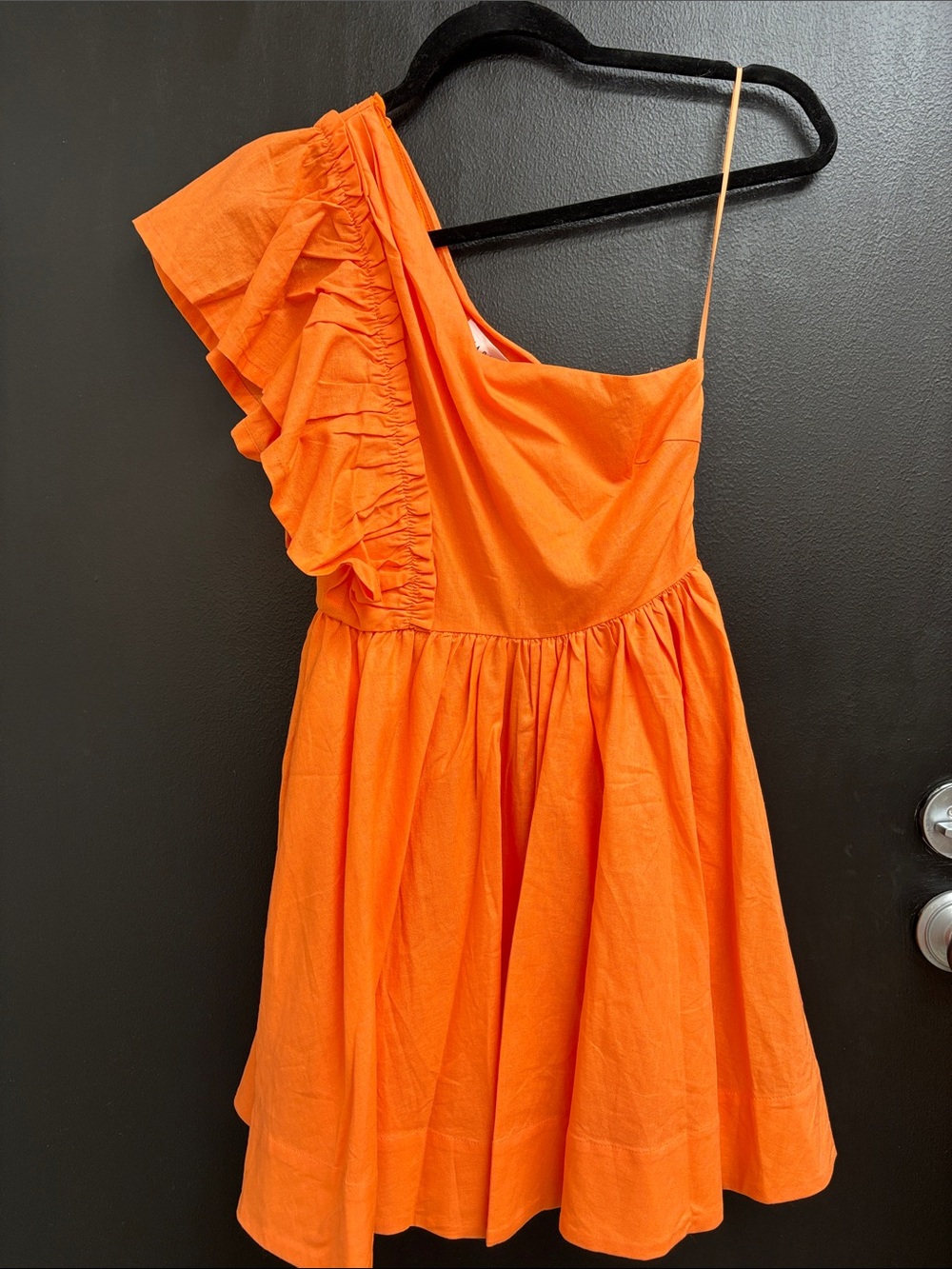 One-Shoulder Orange Ruffle mini dress with pockets tailgating fall football game